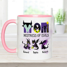 Load image into Gallery viewer, Personalized Two-Tone Accent Mug with 'Mistress of Evils' Design for Mom
