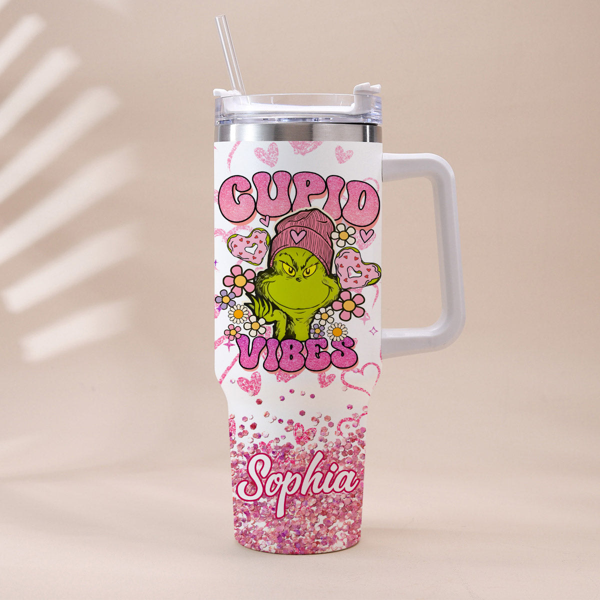 Personalized Cupid Vibes Tumbler with Handle for Christmas Gift