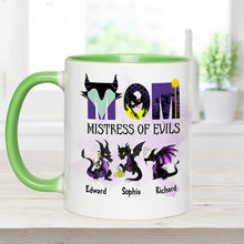 Load image into Gallery viewer, Personalized Two-Tone Accent Mug with 'Mistress of Evils' Design for Mom
