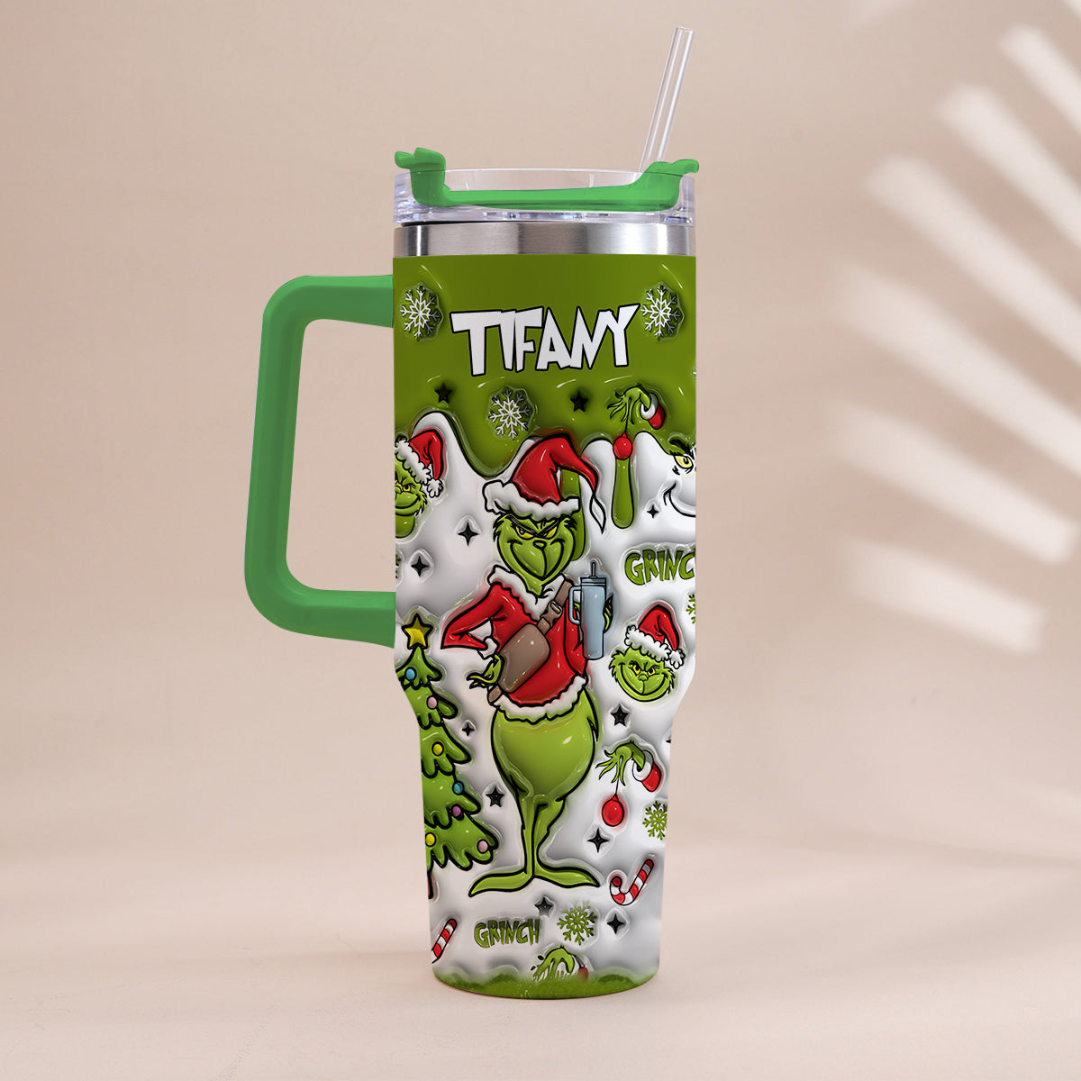 Personalized Grinch Christmas Tumbler with Handle Gift for Mom