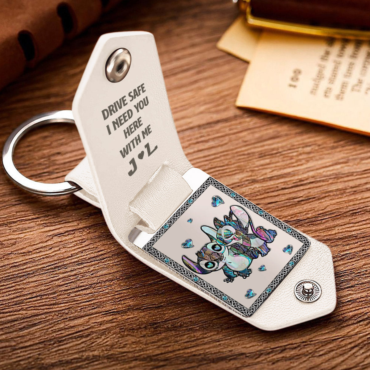 Personalized Ohana Leather Photo Keychain Gift for Couple