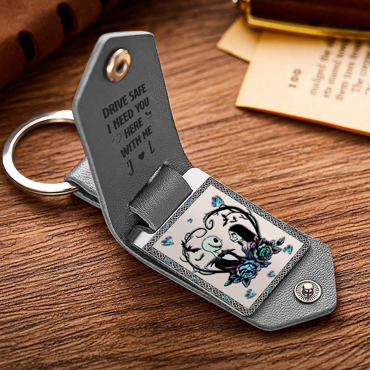 Personalized Leather Photo Keychain Gift for Couples | Drive Safe Reminder