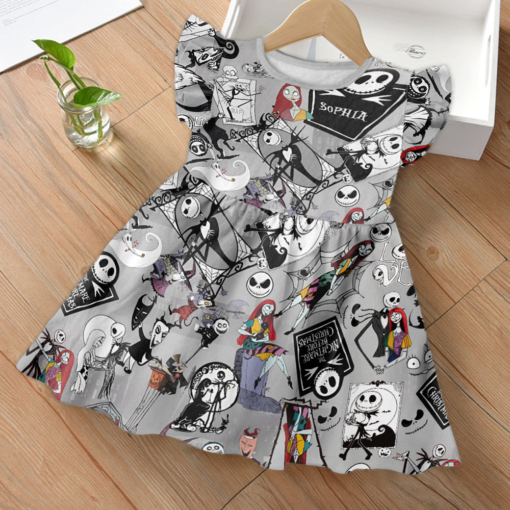Personalized Nightmare Kids Ruffle Sleeve Dress for Halloween