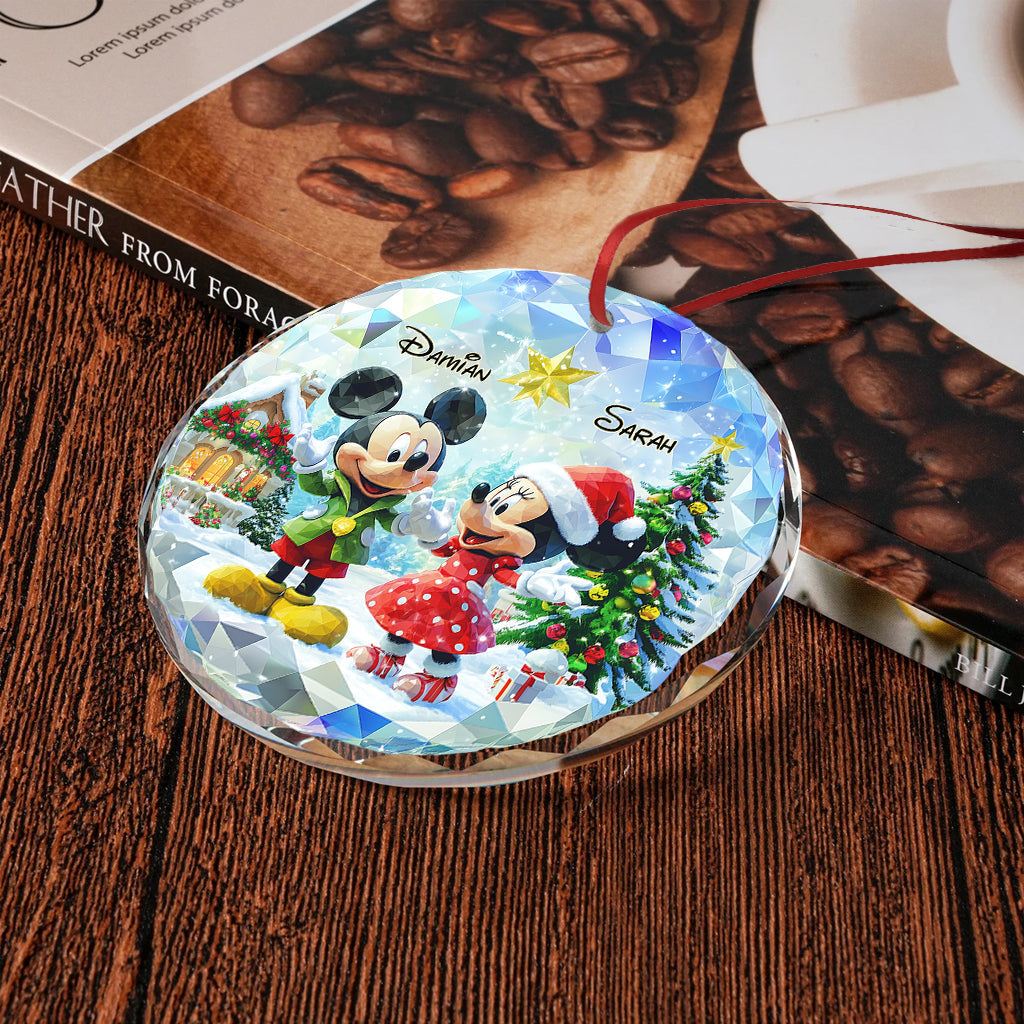 Personalized Round Glass Christmas Ornament with Couple Design