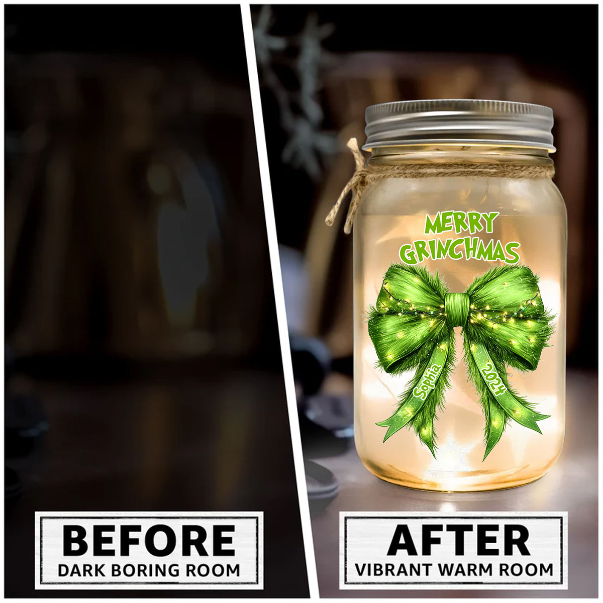 Personalized Grinchy Mason Jar Light Christmas Decor Gift