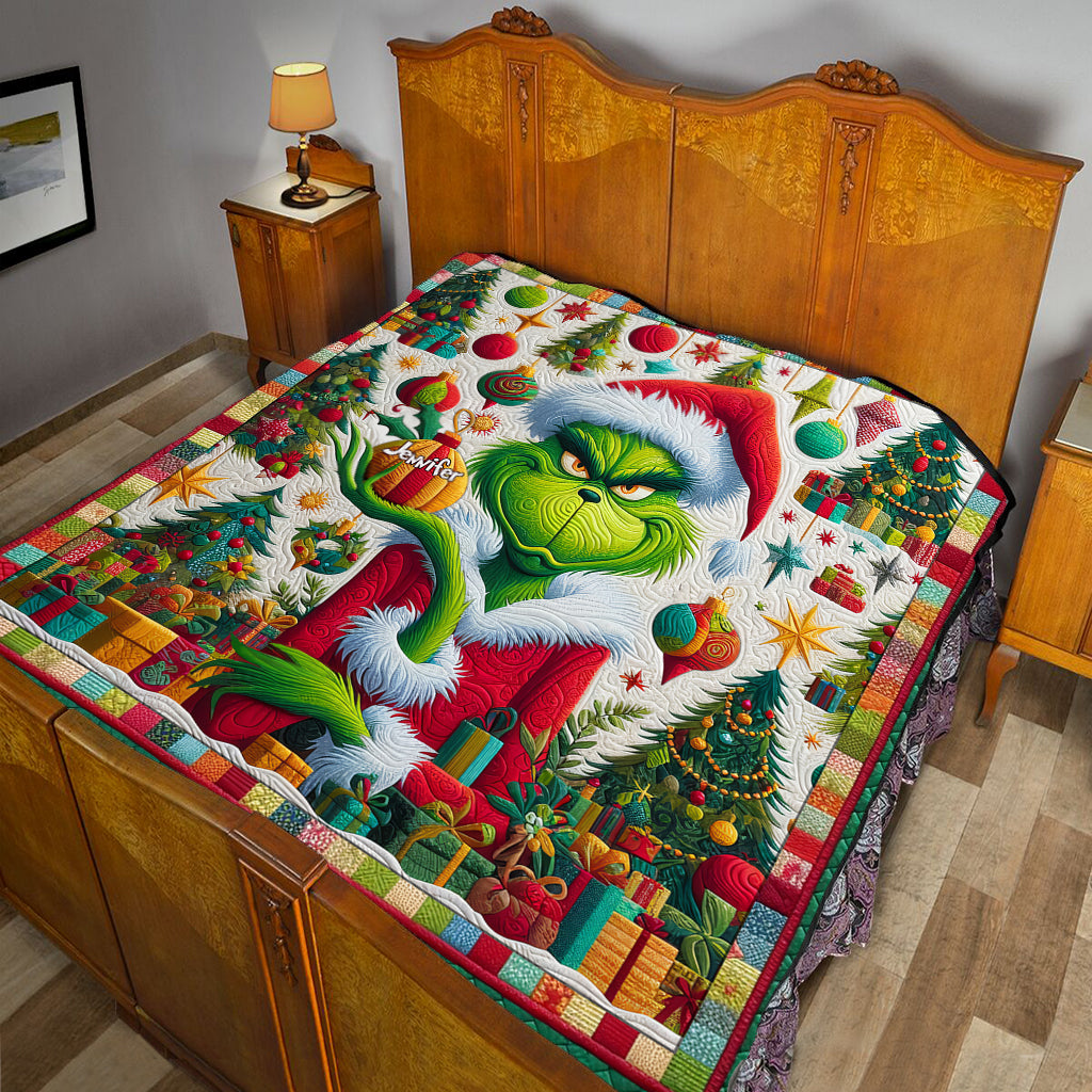 Personalized Grinch Christmas Quilt Custom Name Holiday Decor