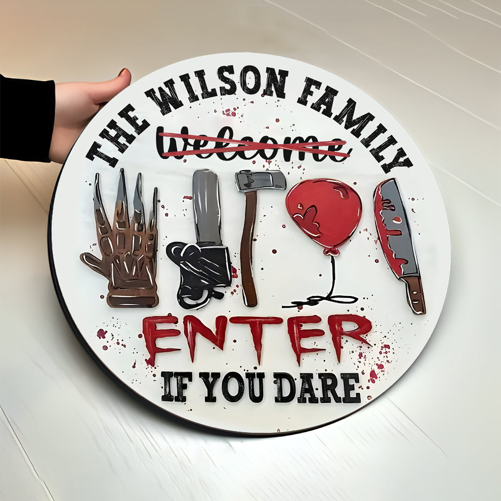Personalized Halloween Round Wood Sign Custom Family Name Enter If You Dare