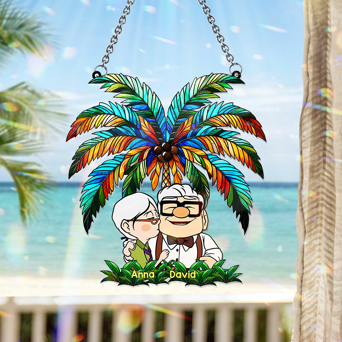 Personalized Palm Tree Suncatcher Ornament for Couples & Animal Lovers
