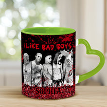 Load image into Gallery viewer, Personalized Heart Handle Mug with 'I Like Bad Boys' Design for Friends
