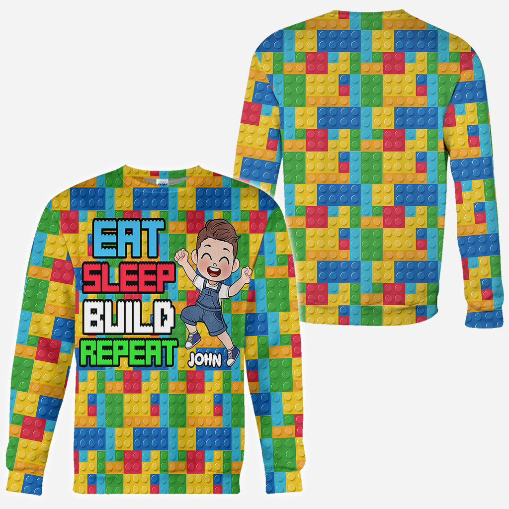 Personalized Fun Kids All Over Shirt with Name – Eat Sleep Build Repeat