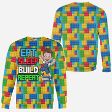 Load image into Gallery viewer, Personalized Fun Kids All Over Shirt with Name – Eat Sleep Build Repeat
