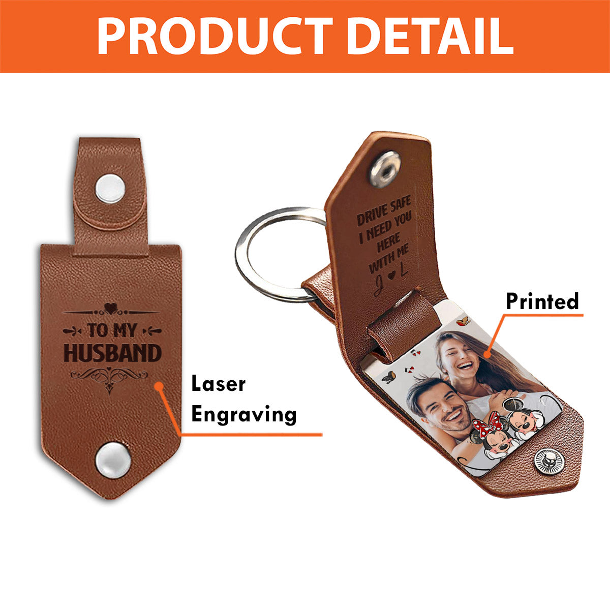 Personalized Leather Photo Keychain Couple Gift with Custom Message