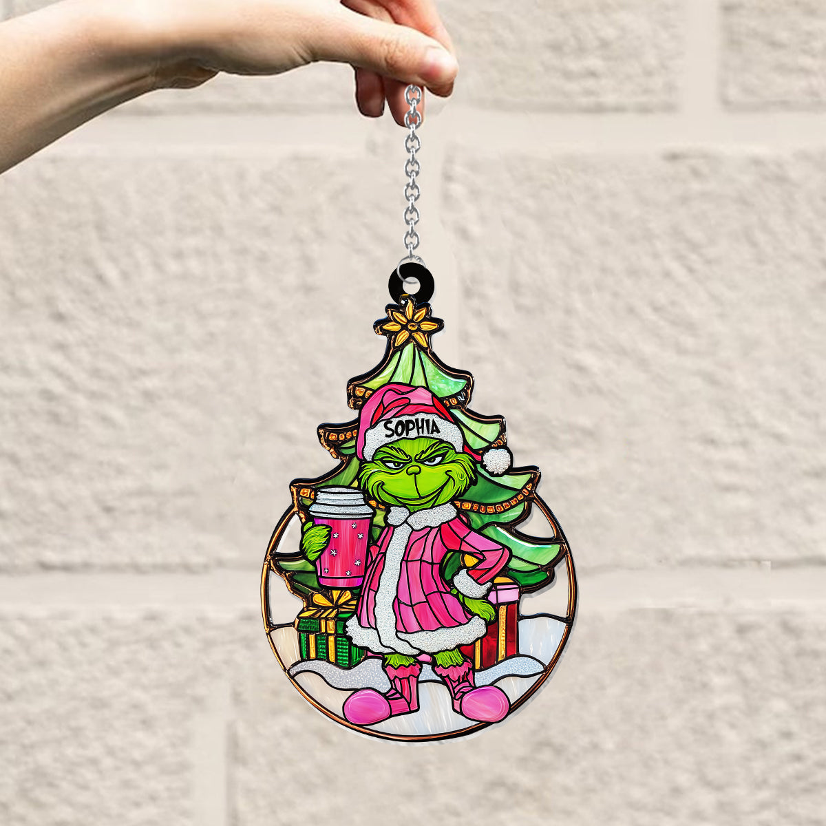 Personalized Grinchy Green Santa Suncatcher Ornament Gift