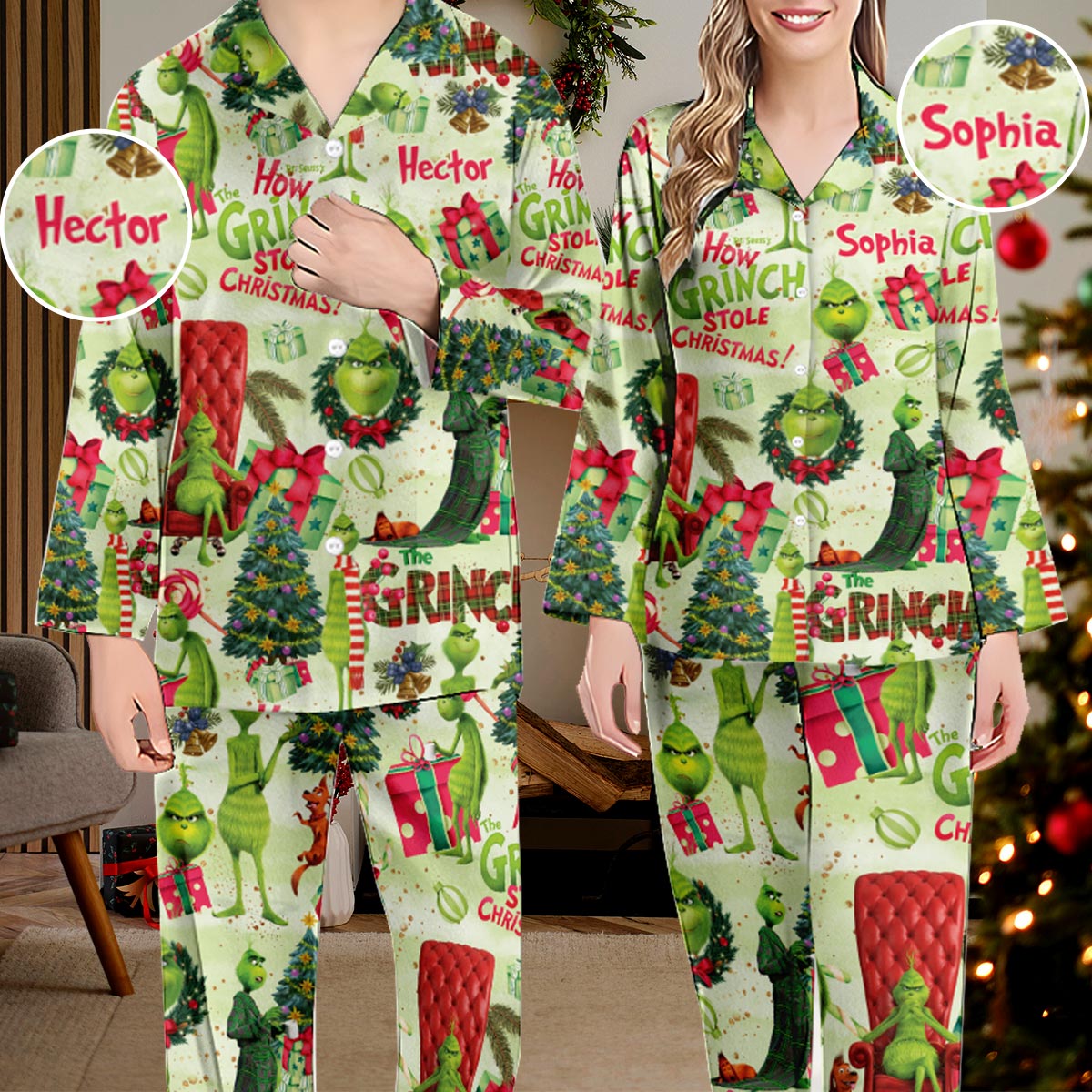 Personalized Grinch Christmas Button Down Pajamas for Couples