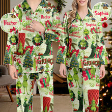 Load image into Gallery viewer, Personalized Grinch Christmas Button Down Pajamas for Couples
