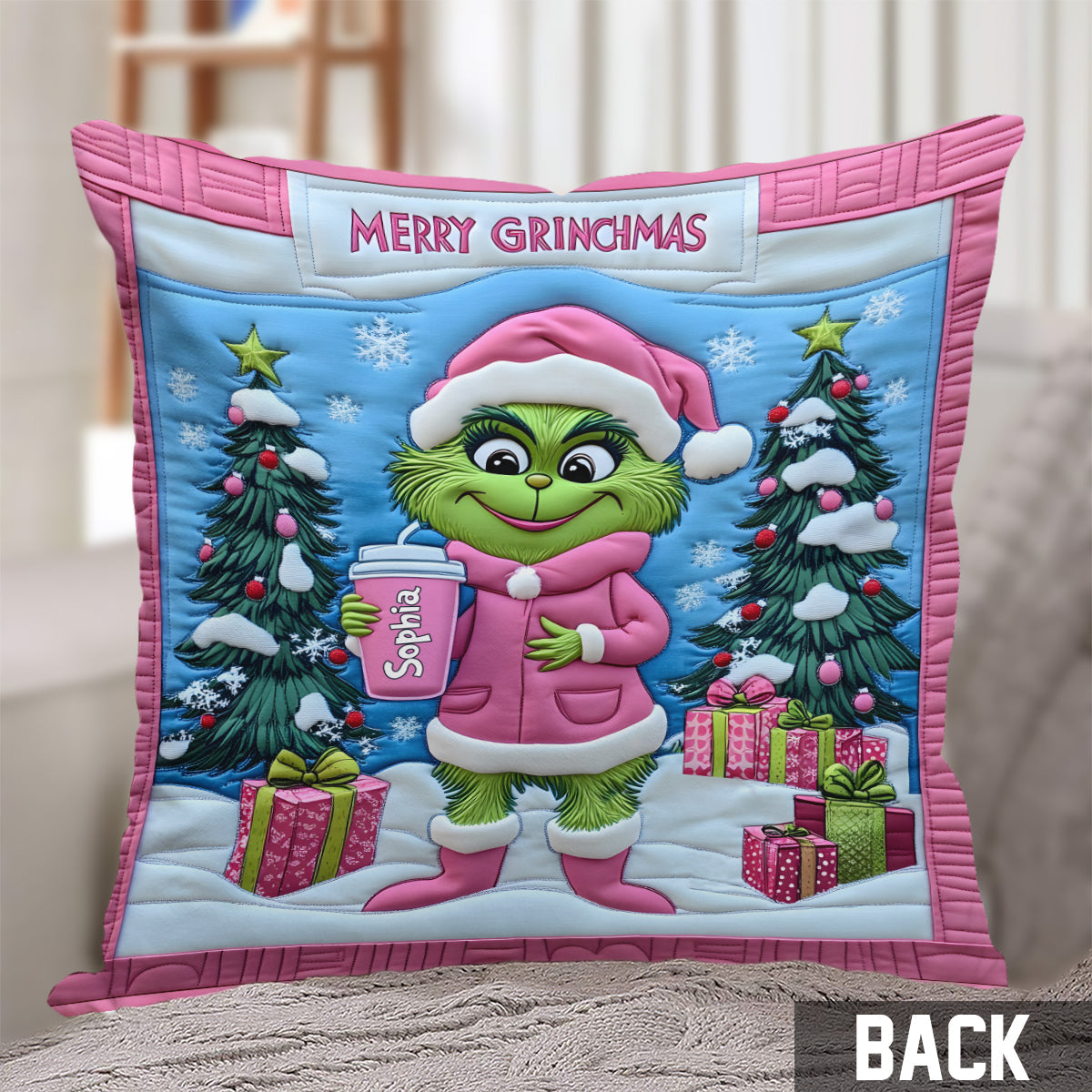 Personalized Grinch Christmas Throw Pillow Custom Name Gift