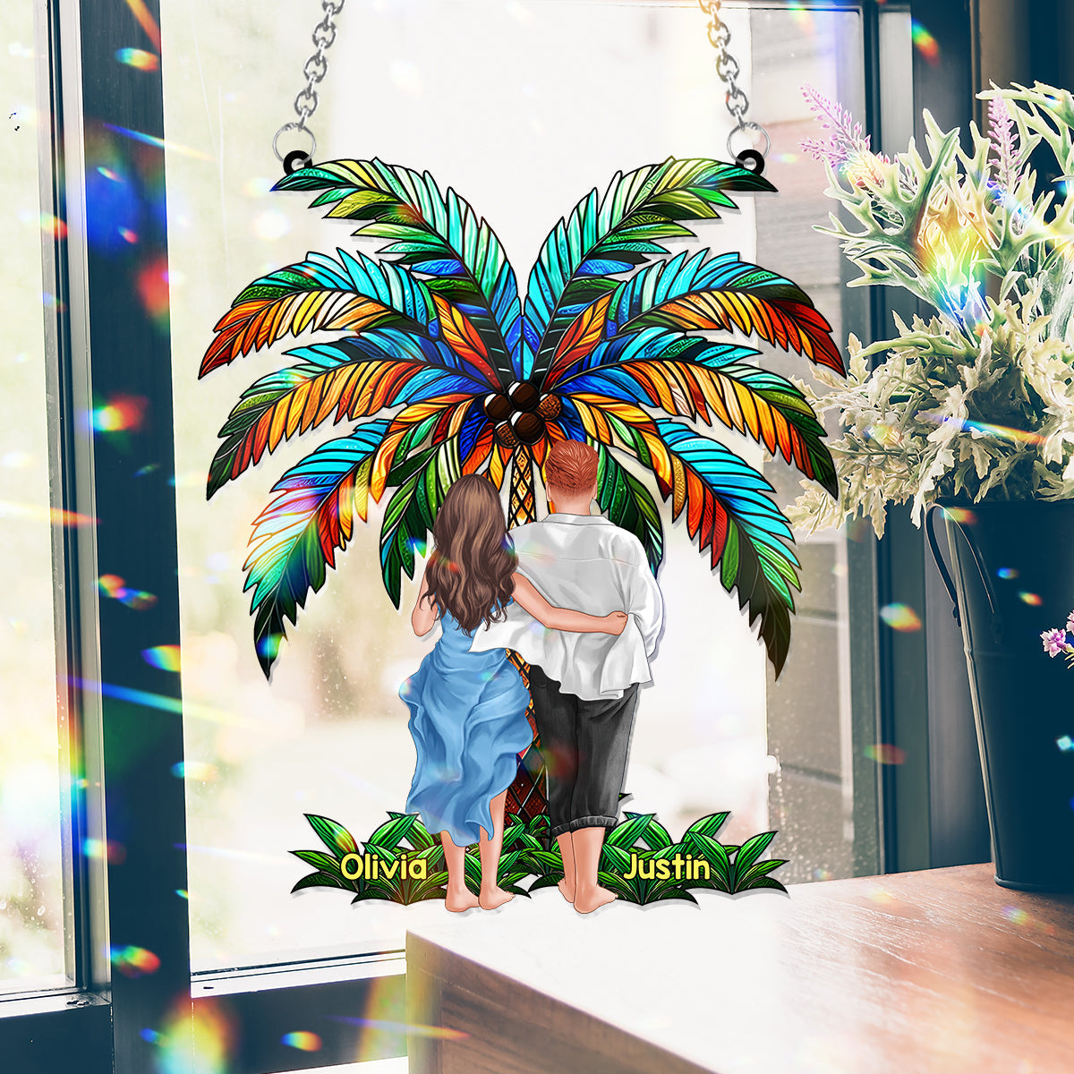 Personalized Couple Suncatcher Ornament Custom Name Gift Under Palm Tree