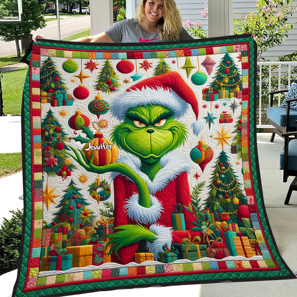 Personalized Grinch Christmas Quilt Custom Name Holiday Decor