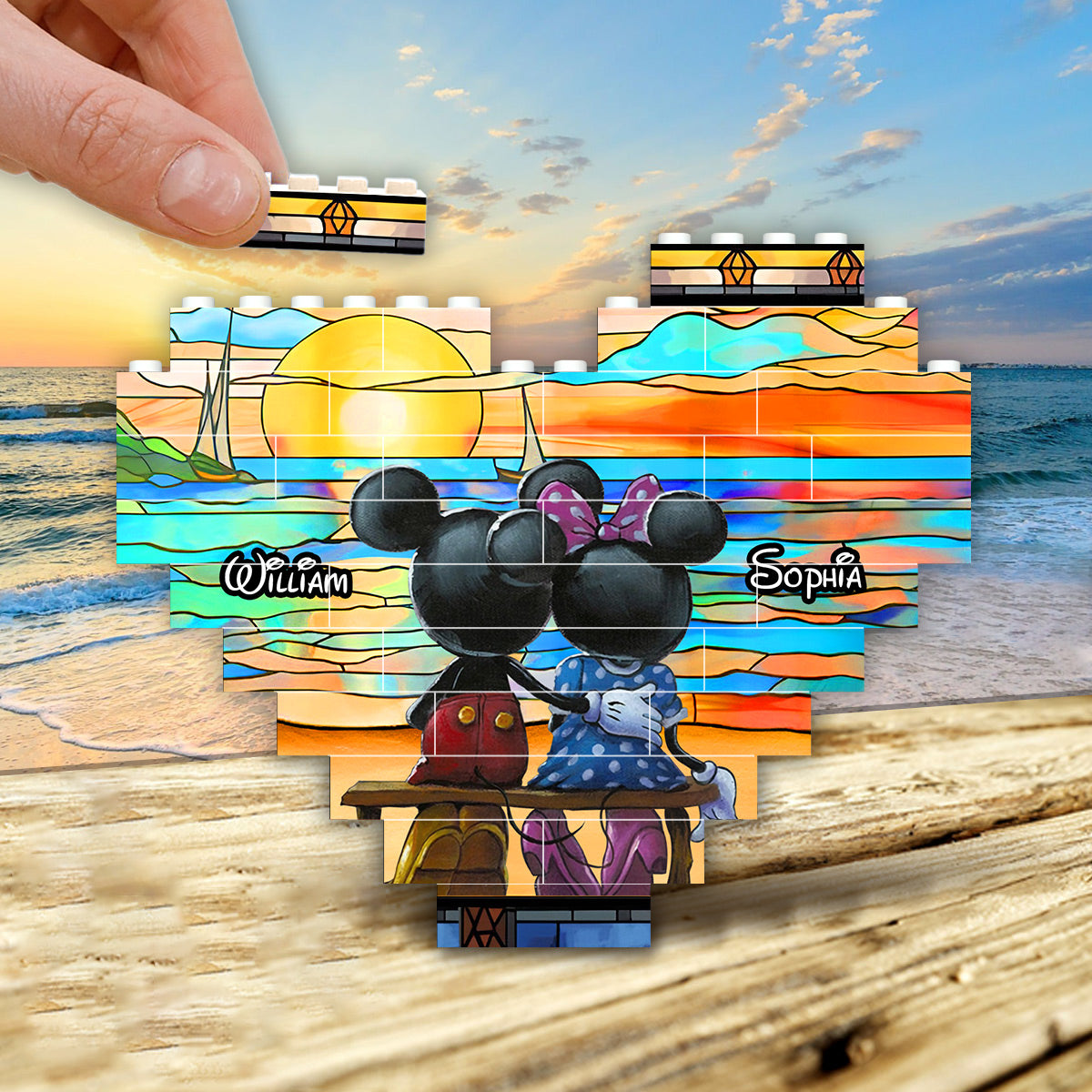 Personalized Heart Building Brick Blocks Sunset Design Gift for Couples