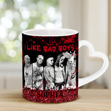 Load image into Gallery viewer, Personalized Heart Handle Mug with 'I Like Bad Boys' Design for Friends
