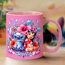 Load image into Gallery viewer, Personalized Pink Accent Mug with Ohana Bubble Flowers Design
