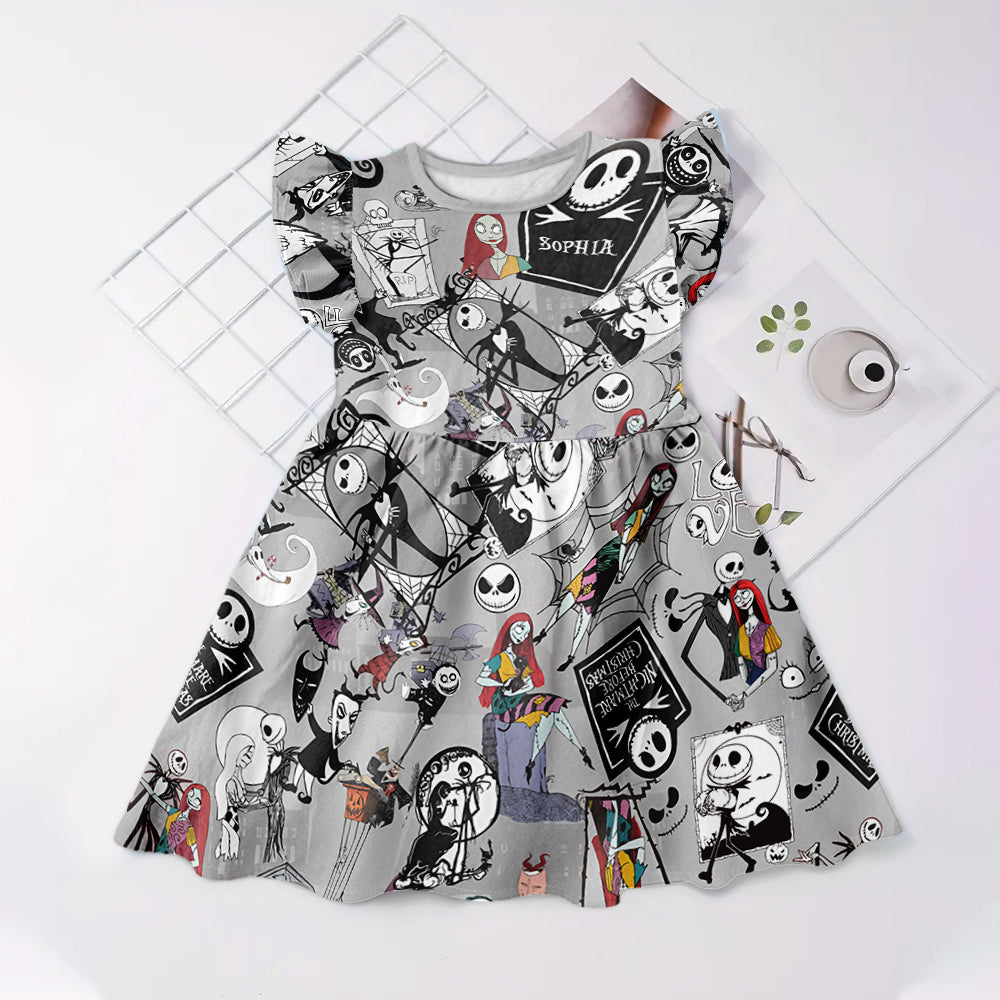 Personalized Nightmare Kids Ruffle Sleeve Dress for Halloween