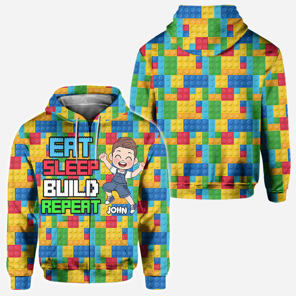 Personalized Fun Kids All Over Shirt with Name – Eat Sleep Build Repeat