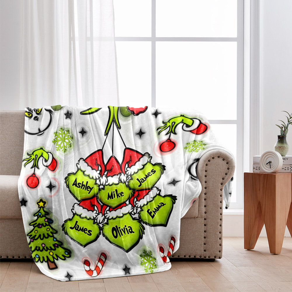 Personalized Christmas Blanket with Snowflakes & Grinch Design for Grandma