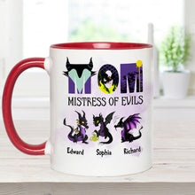 Load image into Gallery viewer, Personalized Two-Tone Accent Mug with 'Mistress of Evils' Design for Mom
