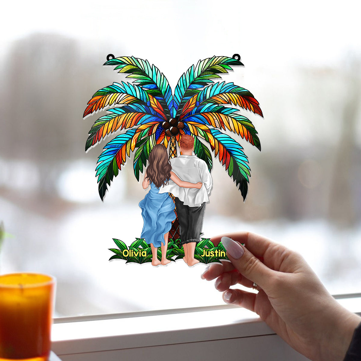 Personalized Couple Suncatcher Ornament Custom Name Gift Under Palm Tree