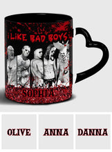 Load image into Gallery viewer, Personalized Heart Handle Mug with 'I Like Bad Boys' Design for Friends
