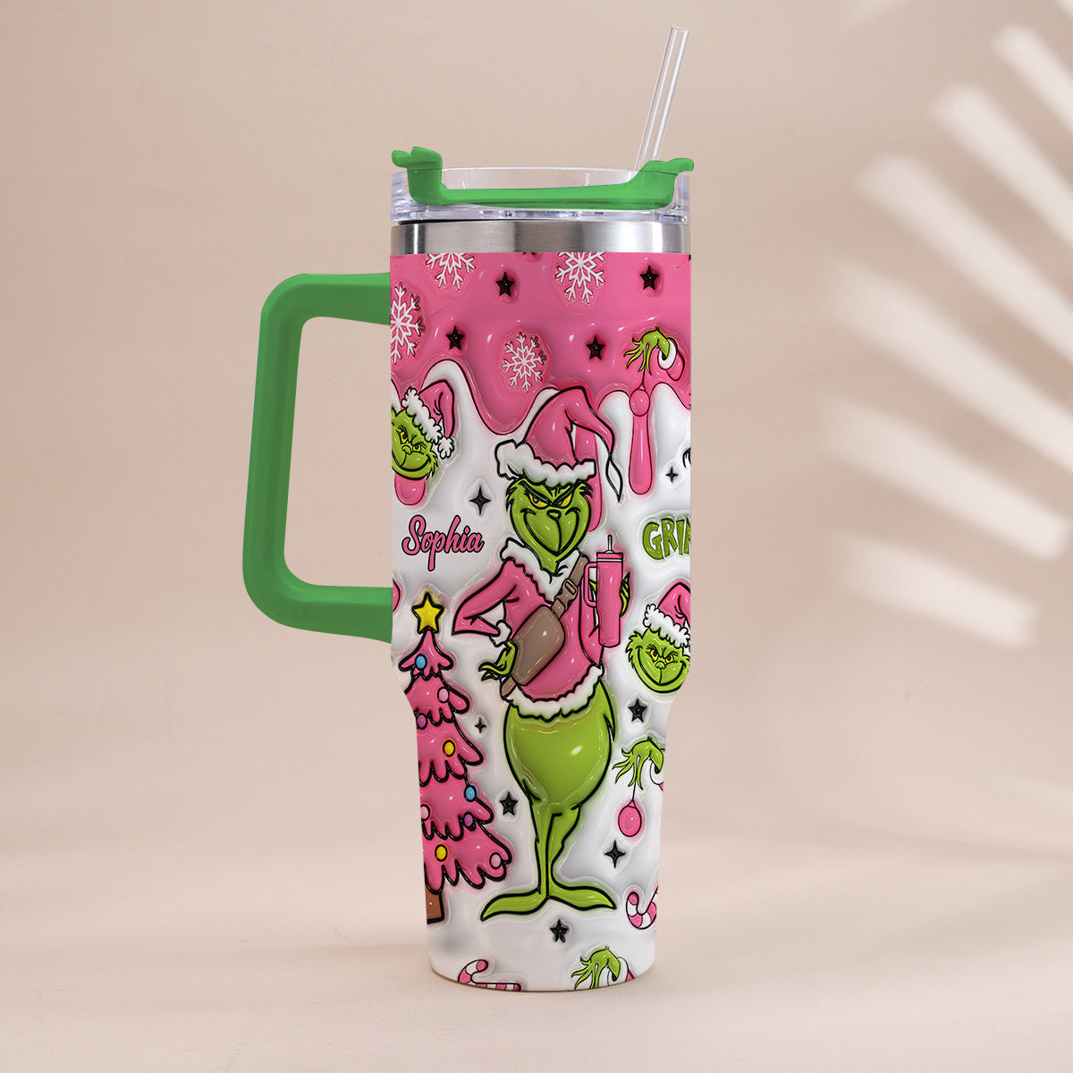 Personalized Grinch Christmas Tumbler with Handle Custom Name Gift