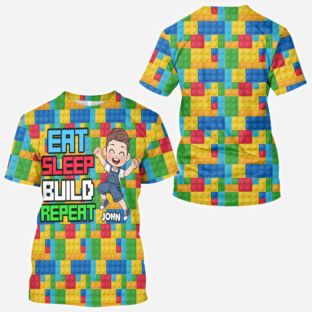 Personalized Fun Kids All Over Shirt with Name – Eat Sleep Build Repeat