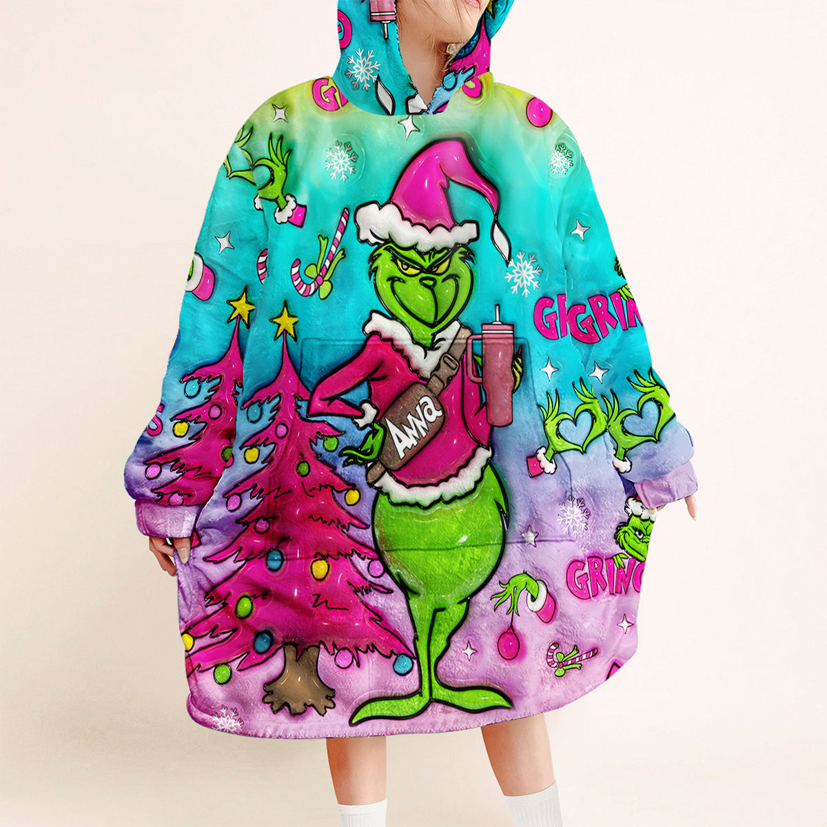 Personalized Grinch Christmas Blanket Hoodie Gift for Kids