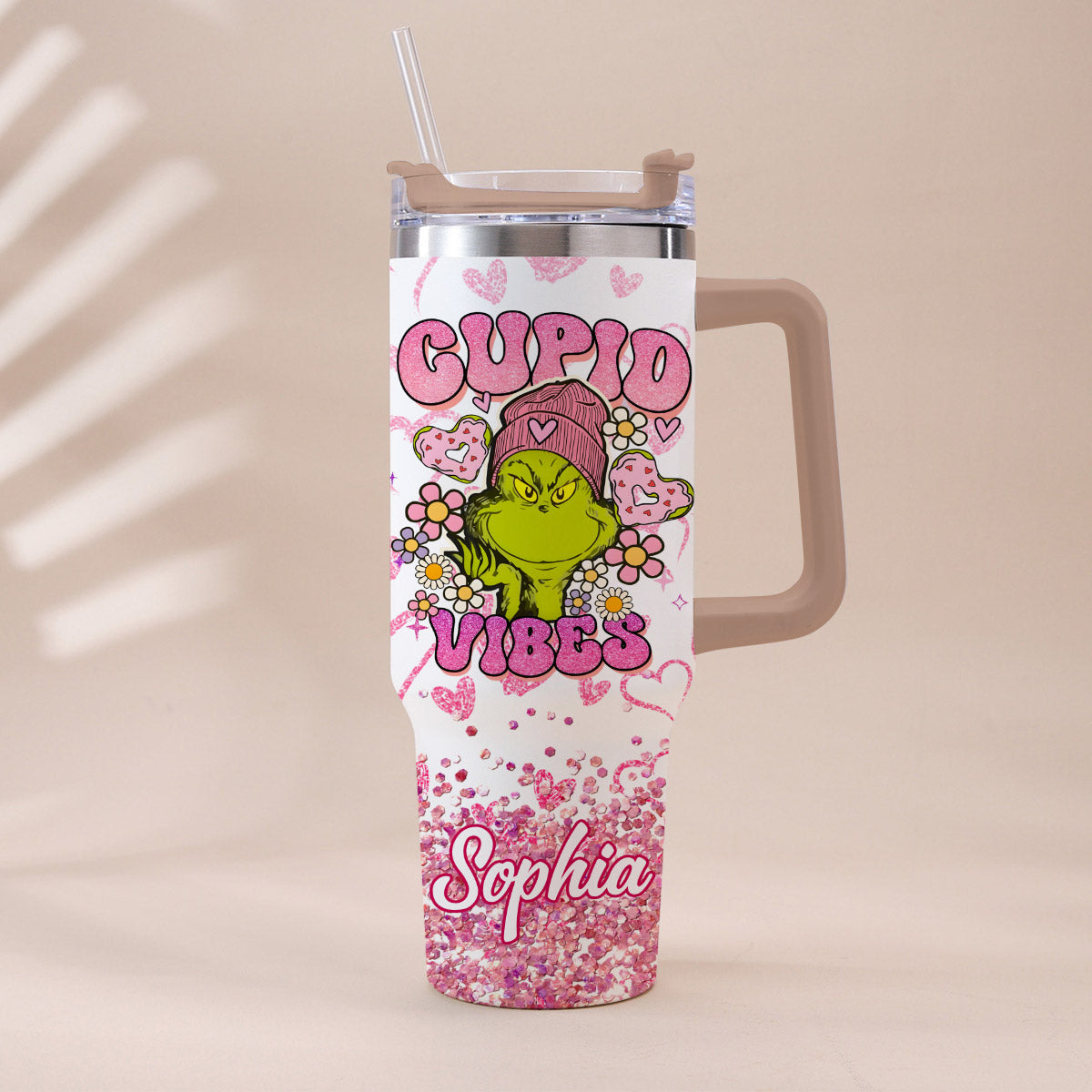Personalized Cupid Vibes Tumbler with Handle for Christmas Gift