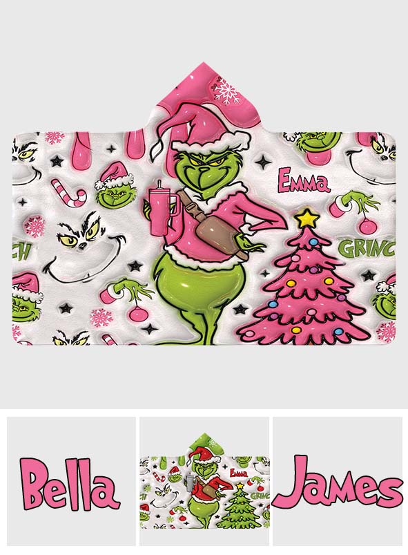 Personalized Grinch Christmas Hooded Blanket Gift for Kids