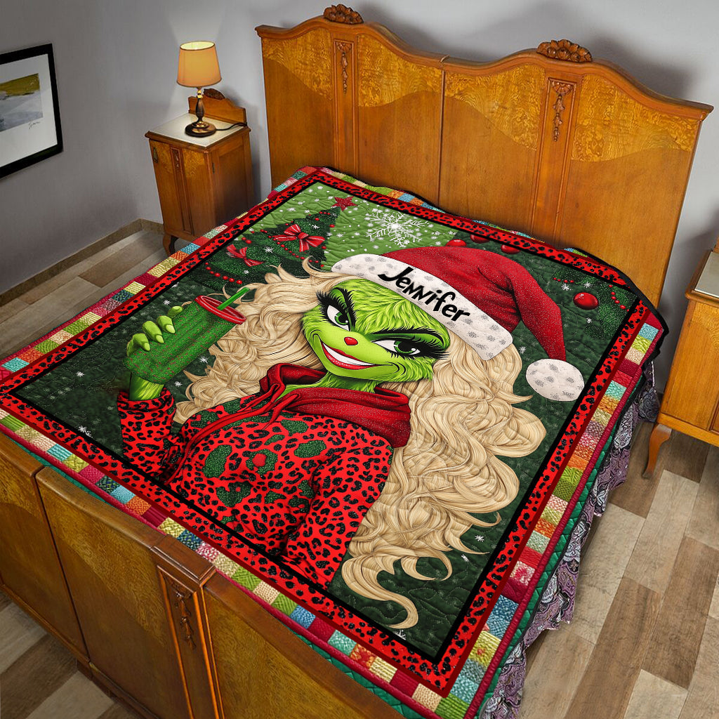 Personalized Christmas Quilt with Green Lady Design for Unique Gifts