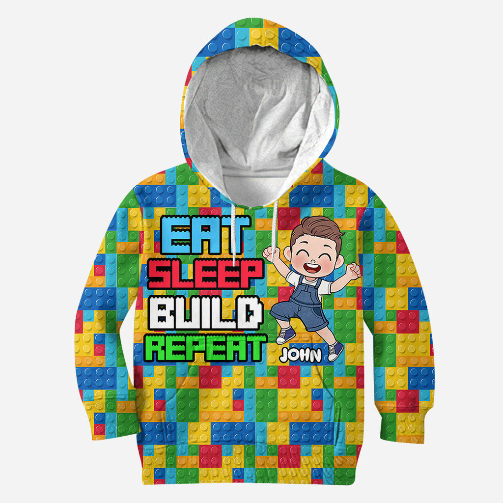 Personalized Fun Kids All Over Shirt with Name – Eat Sleep Build Repeat