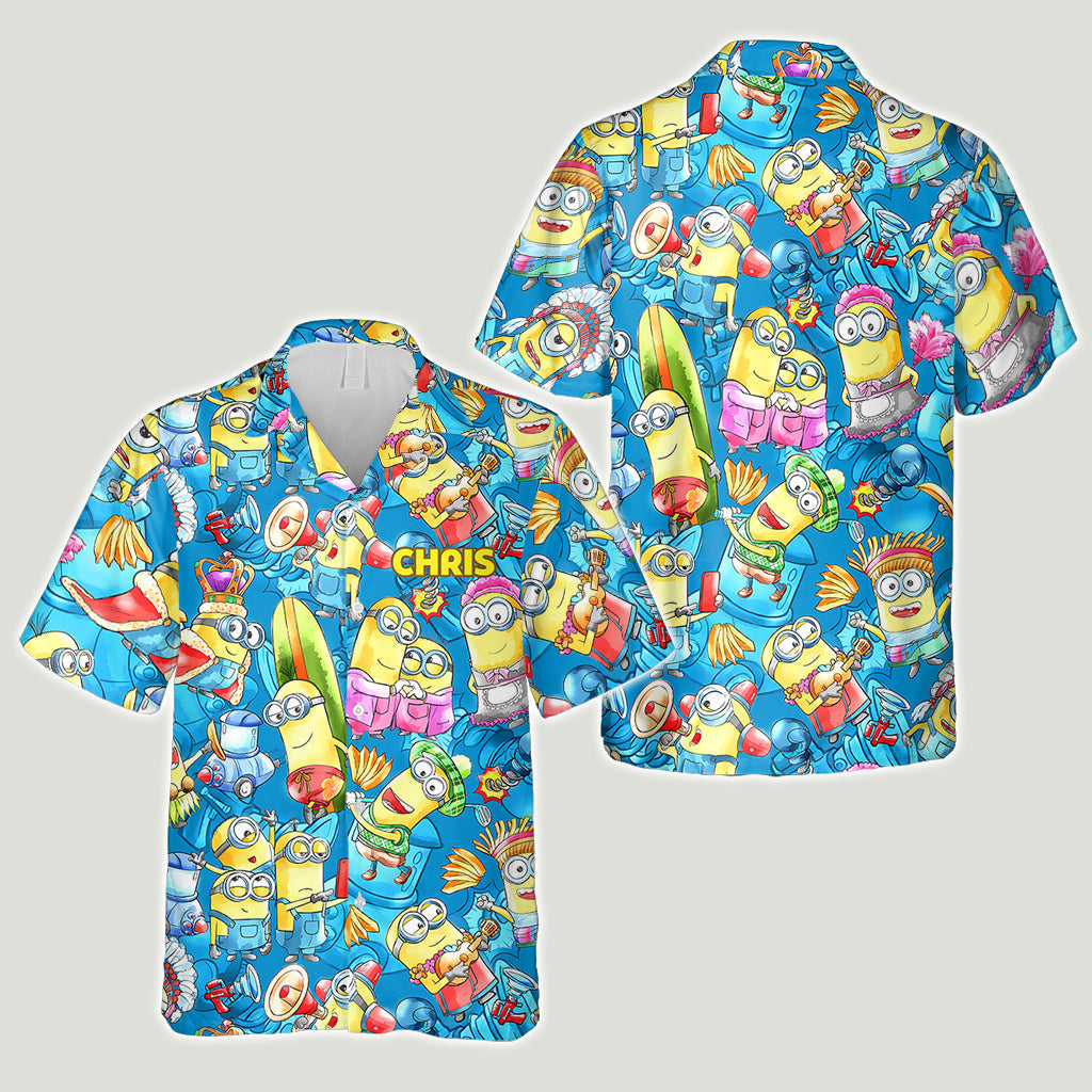 Personalized Hawaiian Shirt with Fun Yellow Monsters, Summer Gift for Family