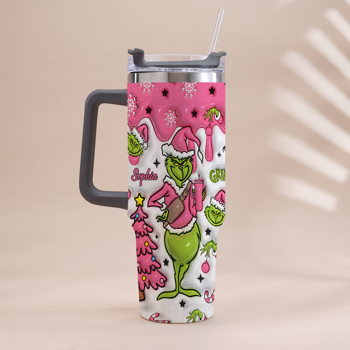 Personalized Grinch Christmas Tumbler with Handle Custom Name Gift