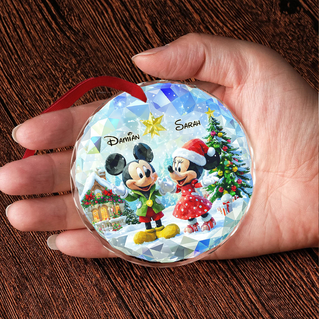 Personalized Round Glass Christmas Ornament with Couple Design