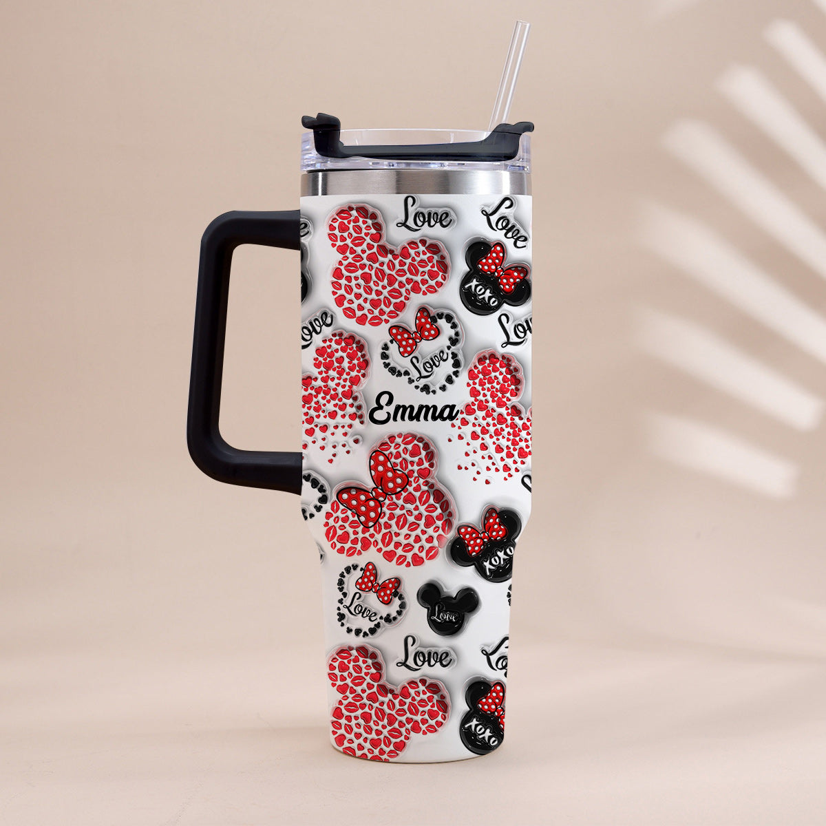 Personalized Mouse Heart Tumbler with Handle for Moms | Unique Christmas Gift