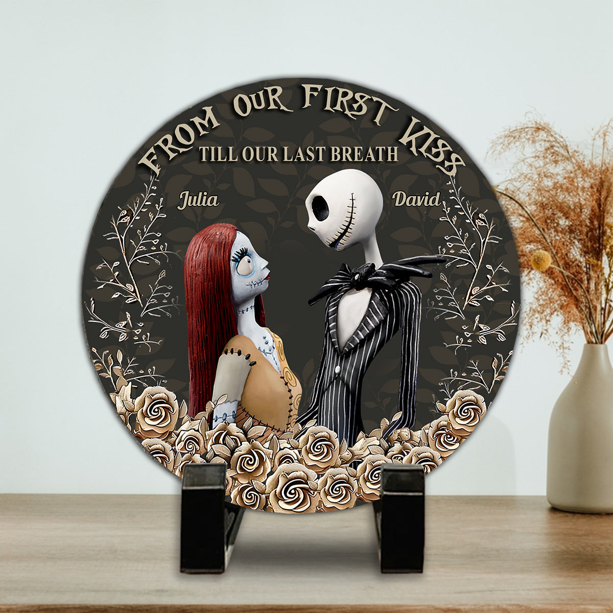 Personalized Round Slate Stone First Kiss Gift for Couples