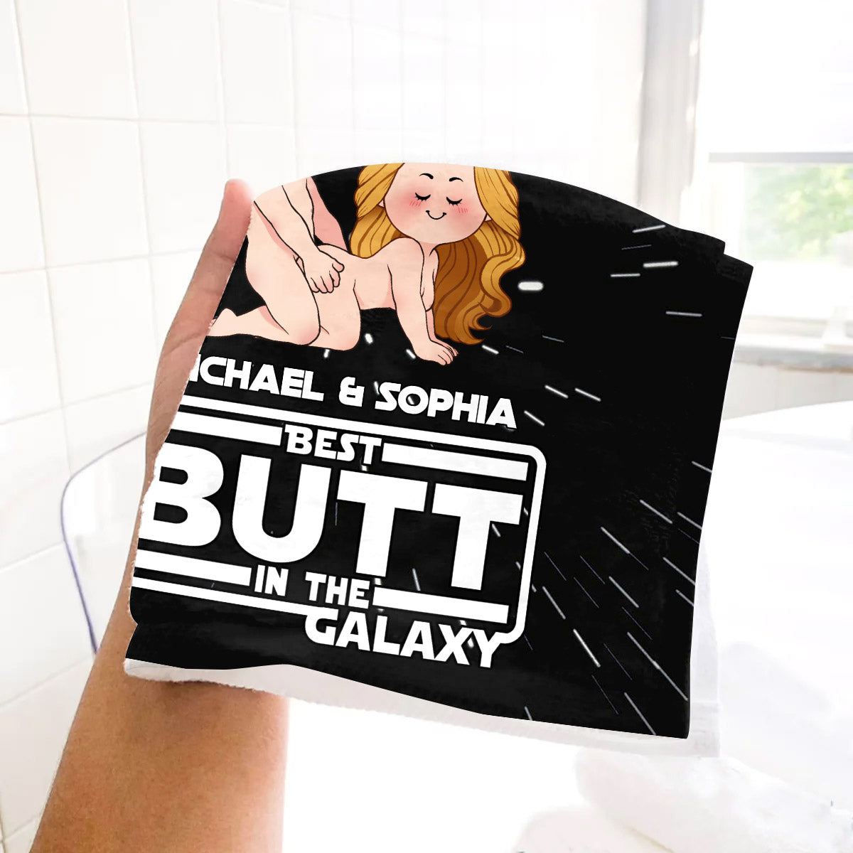Personalized Funny Towel Gift for Couples Custom Name Best Butt in the Galaxy
