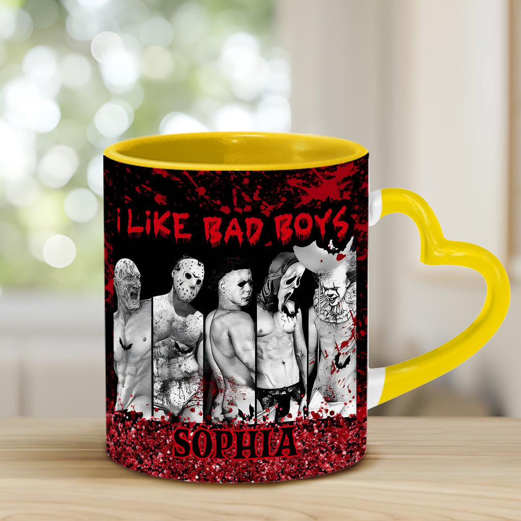 Personalized Heart Handle Mug with 'I Like Bad Boys' Design for Friends