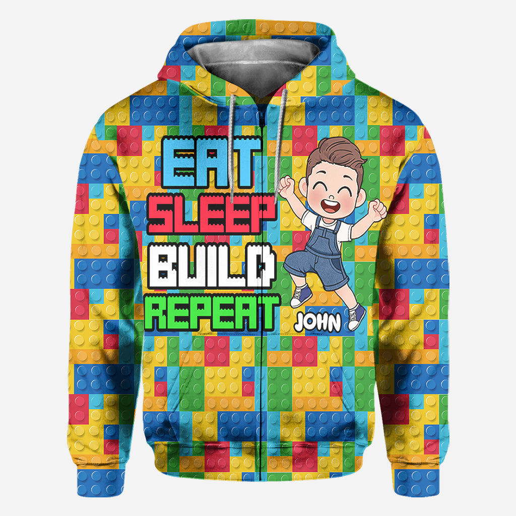 Personalized Fun Kids All Over Shirt with Name – Eat Sleep Build Repeat