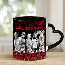 Load image into Gallery viewer, Personalized Heart Handle Mug with 'I Like Bad Boys' Design for Friends

