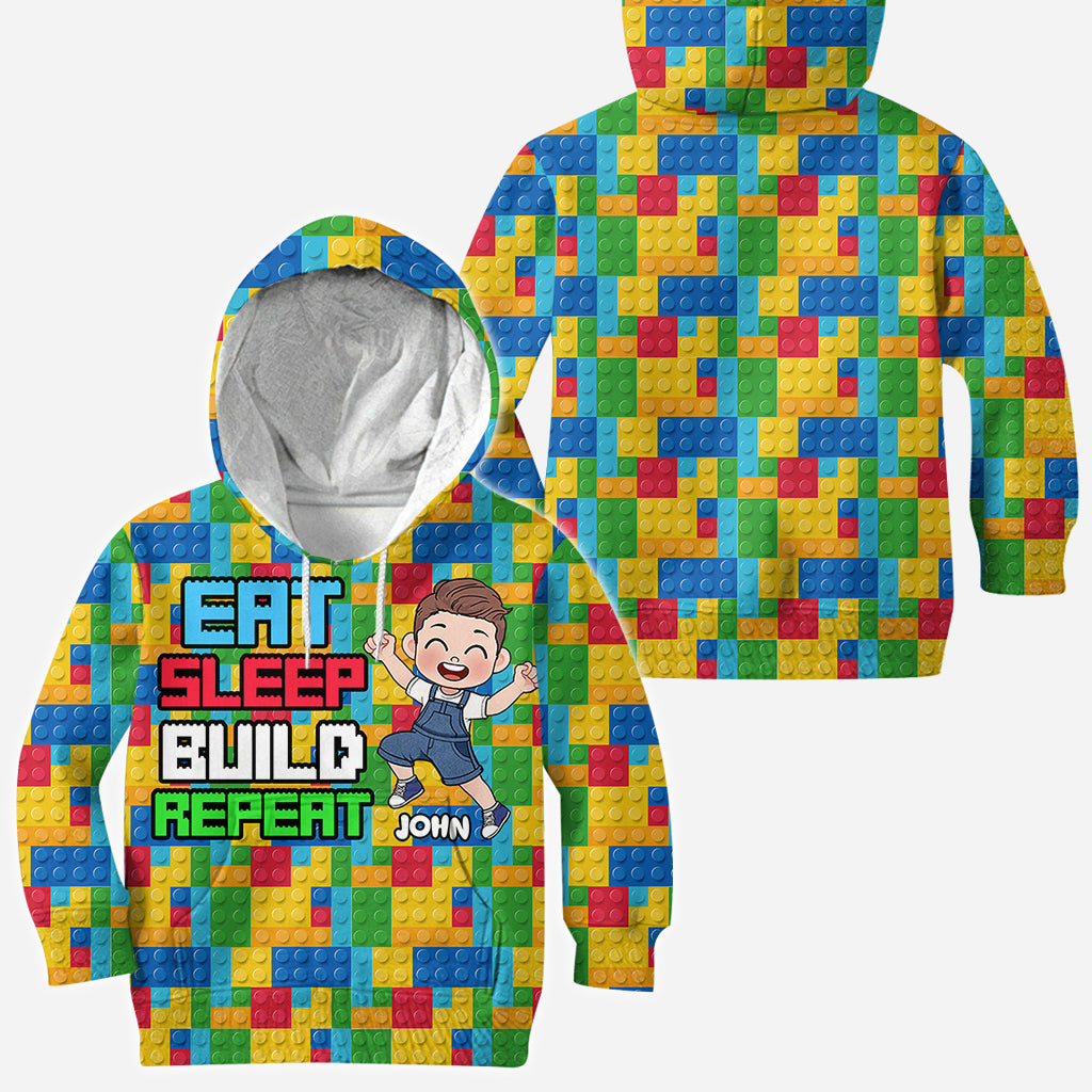Personalized Fun Kids All Over Shirt with Name – Eat Sleep Build Repeat