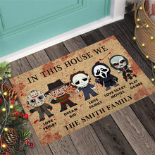 Load image into Gallery viewer, Personalized Scary Movies Doormat Custom Name Housewarming Gift
