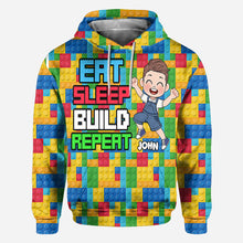 Load image into Gallery viewer, Personalized Fun Kids All Over Shirt with Name – Eat Sleep Build Repeat
